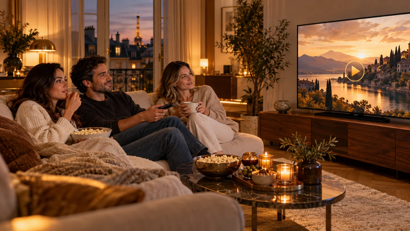 Amis profitant d’un service de divertissement sur Smart TV dans un salon français